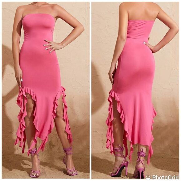 Sexy Pink Women's Y2k Ruffle Strapless Cocktail Midi Dress - Picture 1 of 9